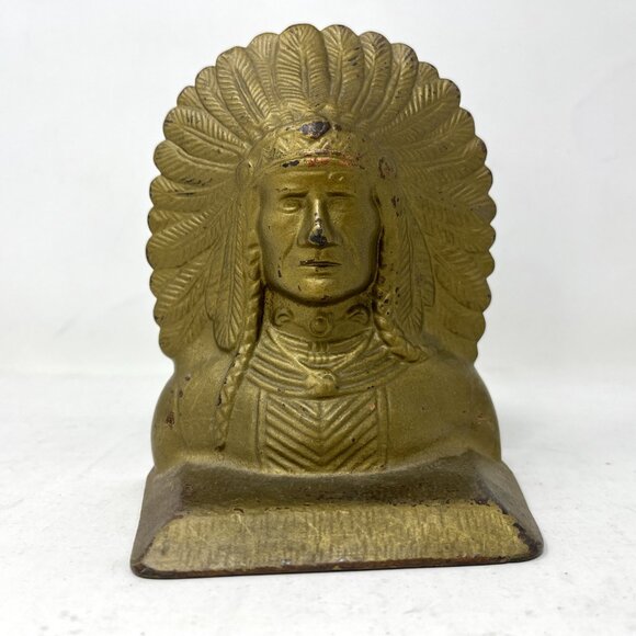 Vintage Cast Iron Native American Indian Chief Bookend Doorstop - Picture 1 of 12